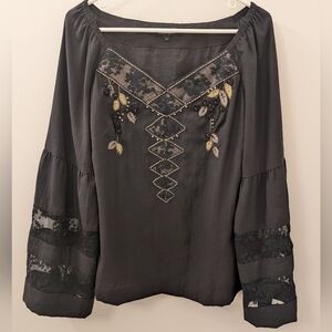 Silk Black Embellished Fairycore Witchy Whimsigoth Embroidered Blouse Medium